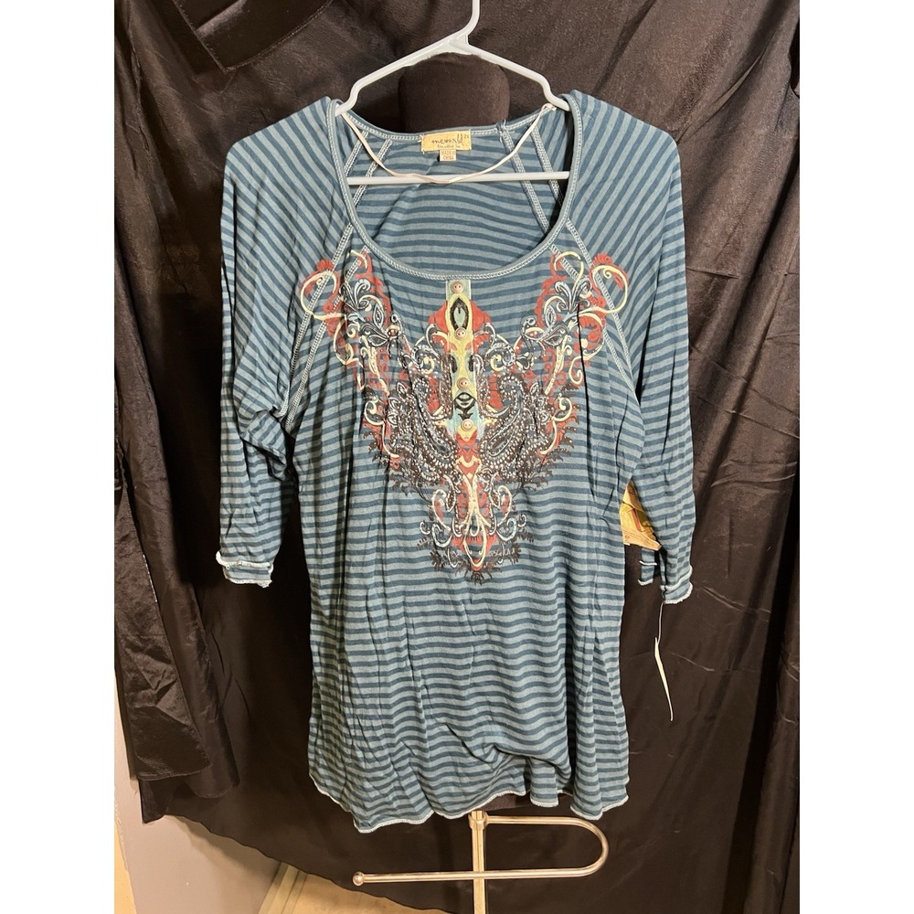 NWT SZ‎ 2X ONE WORLD BLUE STRIPED SEQUINED BLOUSE (2249)